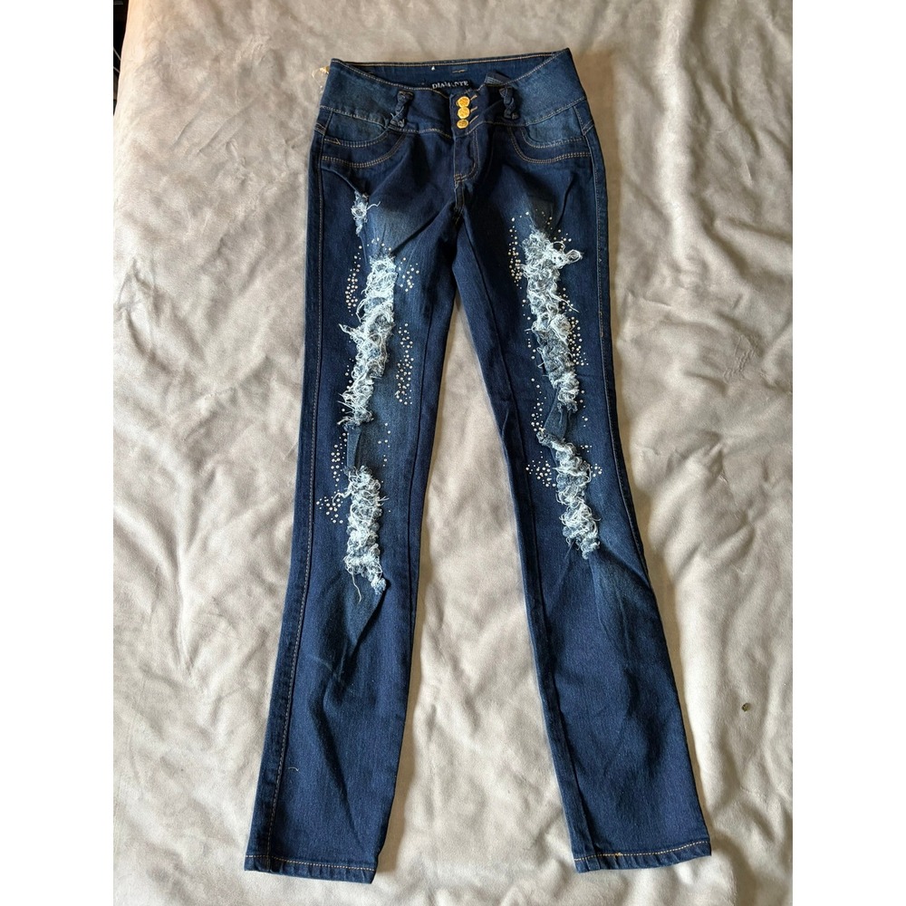 Diamante High Waisted Distressed Rhinestone Skinny Jeans Dark Wash Size 7 NEW